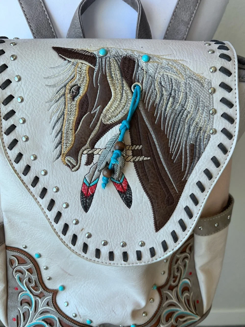Horse Embroidered Backpack Vegan Leather 6-7 pockets